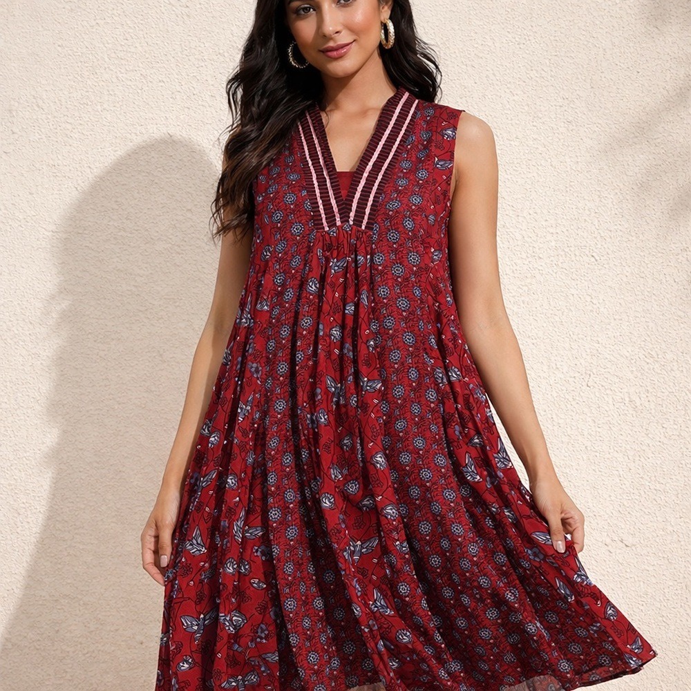 April Cornell Red Floral Cotton Boho Prairie Dress Sleeveless Size Medium